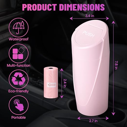 SGLRT Car Trash Can Bin with Lid - 2 Packs Car Garbage Can Cup Holder - Pink Mini Leakproof Vehicle Garbage Bin with 40pcs Trash Bags-Automobile Organizers and Storage for Front Back Seat Accessories