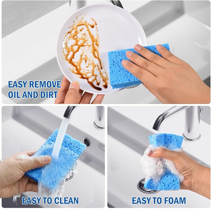YoleShy 20 Pack Sponges Kitchen Natural Compressed Cellulose Sponges for Dishes Non Scratch for Household Cookware Bathroom Cars Soft Super Absorbent Reusable, Blue and Yellow