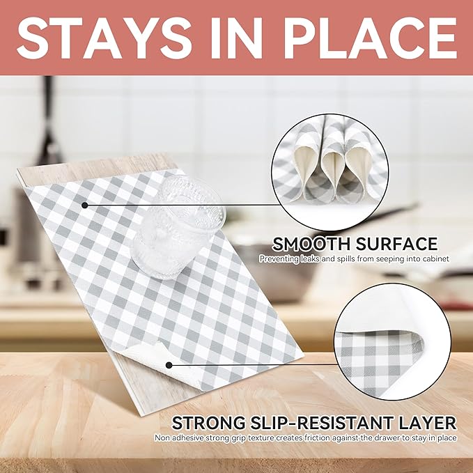 RAY STAR Shelf Liners 20 Inch X 6 Ft for Kitchen Cabinets Non-Adhesive, Cabinet Liners for Shelves Waterproof Easy Trim Non Slip Grip Bottom Drawer Pantry Liner Gingham Checkered Grey