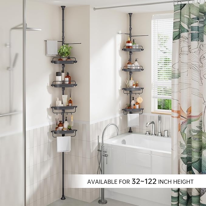Sturdy Shower Caddy - 4 Tier Adjustable Organizer, Rustproof Stainless Steel, 32-122 Inch