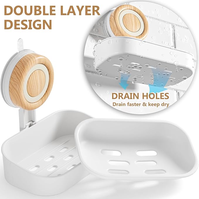 Double Layer Soap Dish for Shower 2 Pack, Wall Mounted Bar Soap Holder Suction Cup 2 Layer Self Draining Soap Case Sponge Holder for Shower Bathroom, Tub and Kitchen Sink, White
