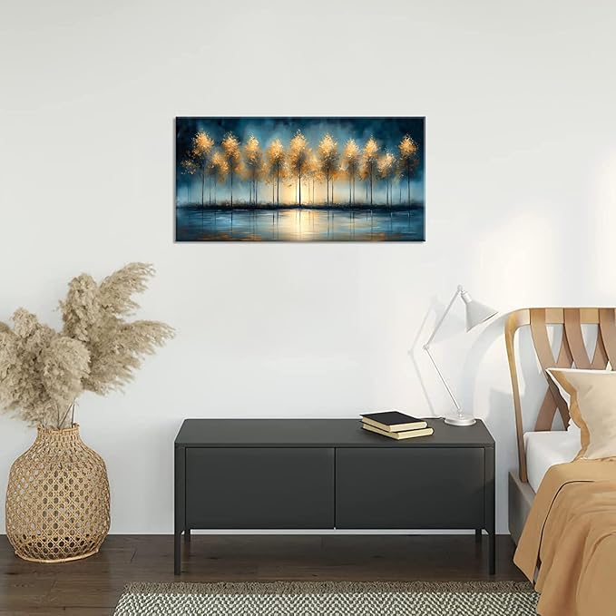 ZESTRILIA Golden Trees Wall Art Impression Canvas Abstract Sunset Oil Painting Reproduction Print Artwork Landscape Picture for Living Room Bedroom Home Office Kitchen Décor (20x40inch)