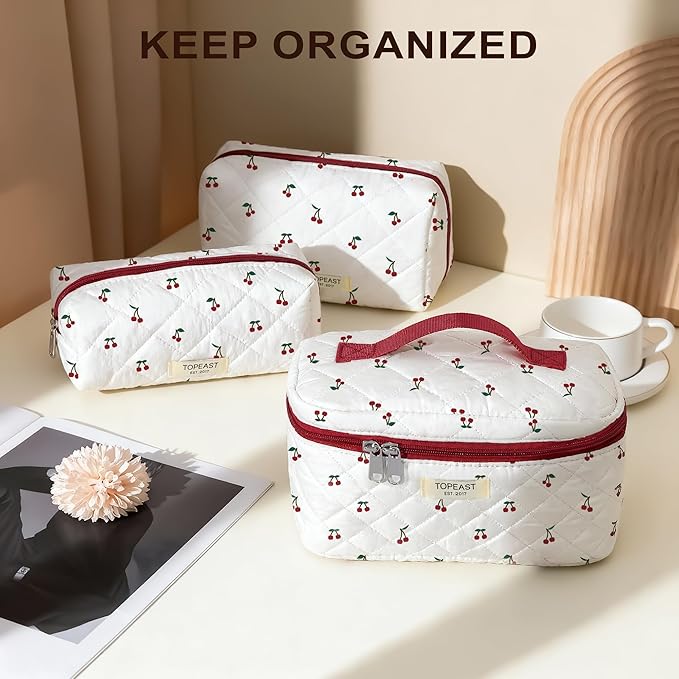 TOPEAST Christmas Gifts for Women Girls - 3Pcs Travel Makeup Bag Large Cotton Quilted Make Up Brush Bags, Portable Cute Cosmetic Bag Sets Machine Washable Toiletry Pouch, Cherry