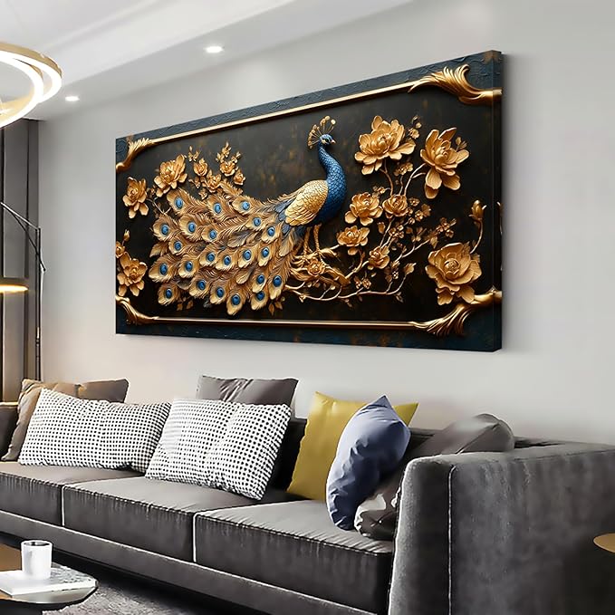 ZESTRILIA Pretty Peacock Wall Art for Living Room Office Gold Country Rustic Retro Asian Canvas Painting Prints Golden Vintage Elegant Peackock Artwork Dining Bedroom Decor Large (46x23 Inches)