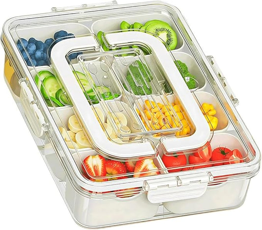 Divided Snackle Box Container-8 Compartment Snack Tray with Lid & Handle,BPA Free Stackable Snack Organizer for Fruits,Veggies,Candy,Reusable Airtight Food Storage for Fridge, Travel, Picnic, Party