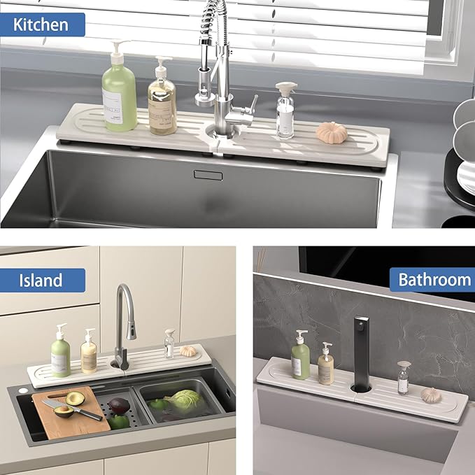 Kitchen Sink Faucet Mat, Water Absorbent Kitchen Faucet Mat, Durable Sink Splash Guard with Raised Feet, Diatomite Fast Drying Kitchen Sink Faucet Mat, Bathroom Stone Drying Tray for Counter