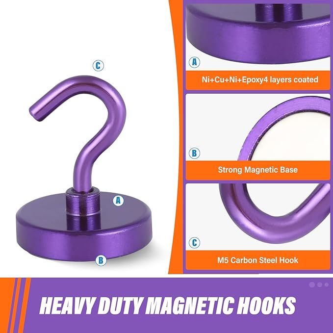 Neosmuk Magnetic Hooks, Heavy Duty 130lb+ Strong Magnet Hook for Cruise Cabins, Cruise Ship Essentials for Hanging, Metal Wall Refrigerator Hangers (Purple, 10 Pack)