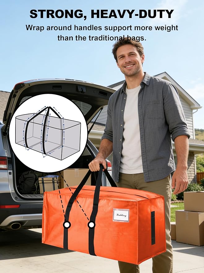 HOMESURE Supports 200lbs Heavy Duty Moving Bags - Strong Zipper & Wrap-Around Handles - Water-Resistant Storage Totes, Durable Alternative to Moving Boxes - 8 Pack - Orange