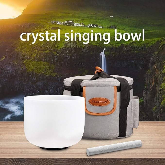 RYAN DVAN 8” F Note Frosted Heart Chakra Crystal Singing Bowl with Free Heavy-Duty Carrying Case and Suede Striker O-Ring