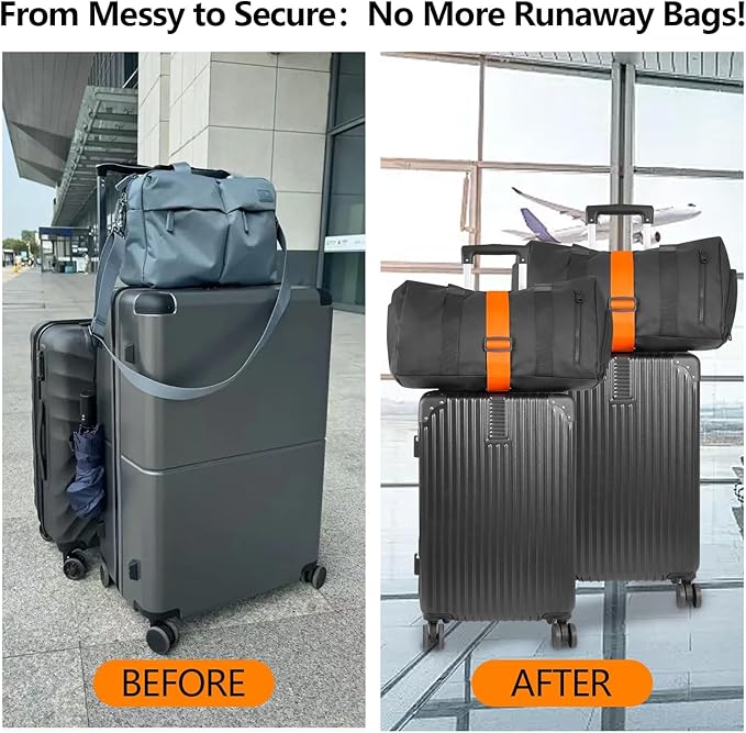 BILIONE Add a Bag Luggage Straps 2 Pack, Adjustable Bungee Elastic Belt to Connect Two Suitcases, Secure Carry On & Travel Essentials (Orange)