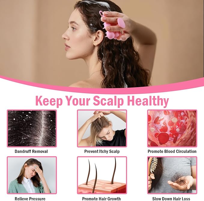 Silicone Scalp Massager Shampoo Brush for Hair Growth, Dandruff Removal & Wet/Dry Care, Hair Scrubber Scalp Stimulator Exfoliator Brush with Soft Bristles for Men & Women, Pink