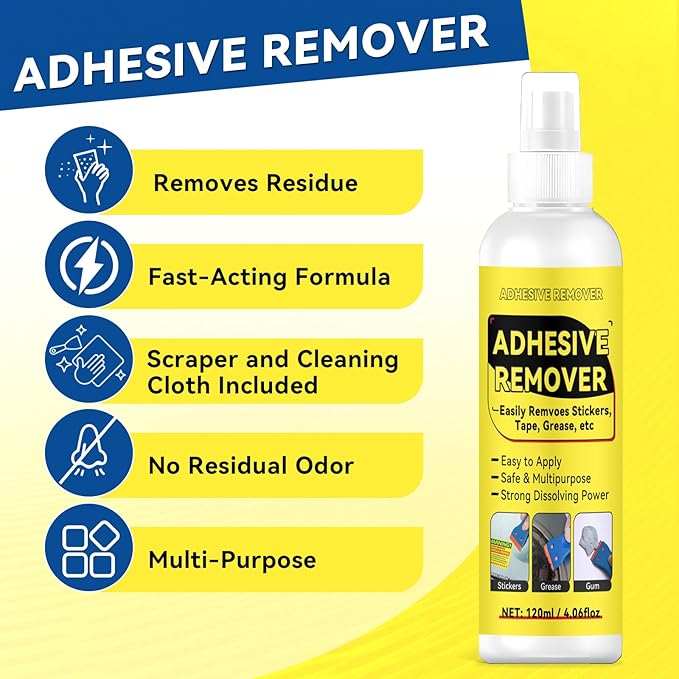 Tiepetly Adhesive Remover Spray 4.06oz, Sticker Remover with Plastic Scraper & 10 Blades, for Tape, Labels, Silicone, Gum & Wax Residue, Safe on Glass, Metal, Plastic (120, Grams)