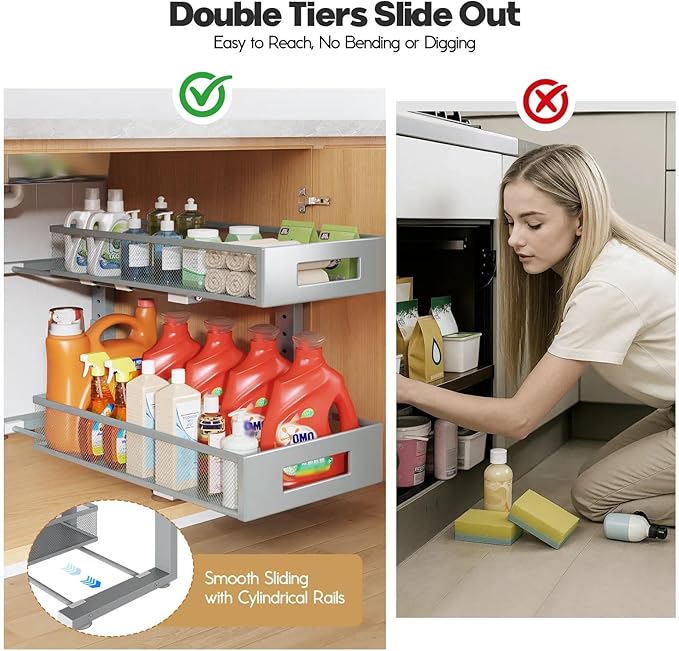 2 Packs 19IN Depth Under Sink Organizer, 2-Tier Pull Out Cabinet Organizer With Smooth Circular Rail, Large Capacity Metal Mesh Sliding Drawers For Bathroom& Kitchen Storage, Height Adjustable–Gun Gray