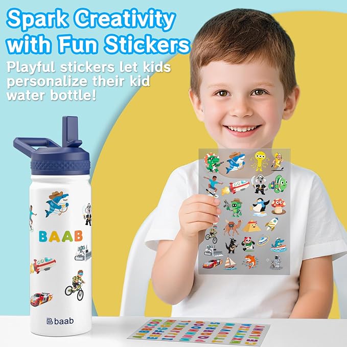baab 18oz Kids Water Bottle, Insulated Water Bottle with Straw & Stickers, 18/8 Stainless Steel Vacuum Leakproof Kids Water Straw Cup for School, Perfect for Boy Girl (White, 1 Pack)