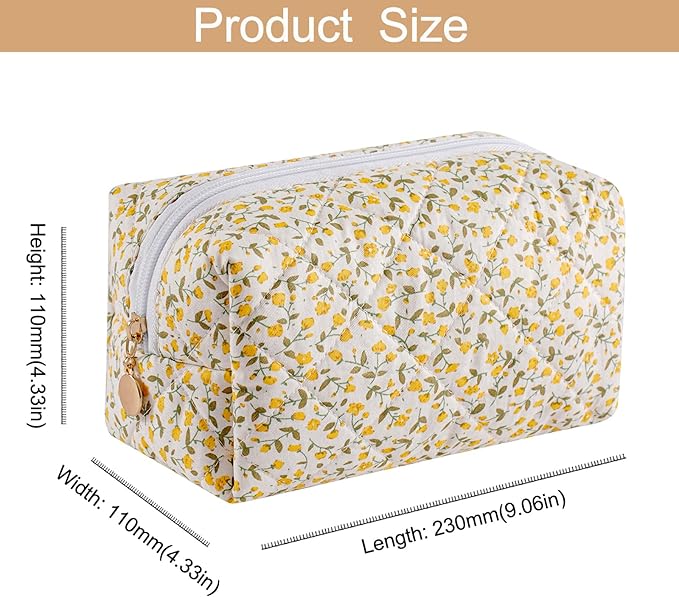 HHQQWZ Makeup Bag Travel Cosmetic Bag for Women Girls, Zipper Make Up Pouch, Floral Flowers Toiletry Organizer Makeup, Portable Storage Cosmetic Travel Cloth Bag (Yellow Floral)