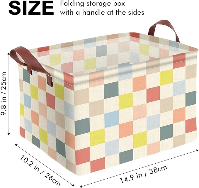 Colorful Checkered Basket Waterproof Canvas Toy Storage Bin Checkered Room Decor Collapsible Outdoor Basket with Leather Handles Colorful Decor Blanket Baskets For Closets,Bedrooms,Gifts Baskets