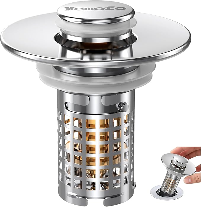 3-in-1 Bathroom Sink Drain Strainer, Stainless Steel Pop-up Strainer Basket Hair Catcher with Removable Basket, Brass Bullet Core, Universal Fit 1.1-2.36 Inch (Silver(New 1pcs))