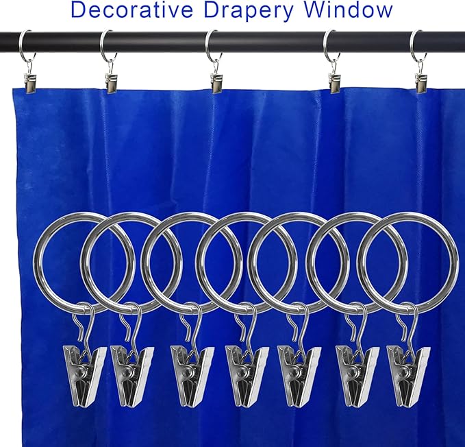 40 Pack Curtain Rings with Clips, Drapery Clips with Rings, Drapes Rings 1.26 in Interior Diameter, Fits up to 1 Inch Curtain Rod, Silver