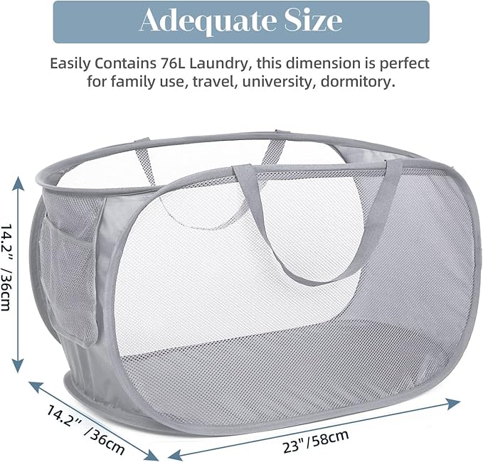 4 Pack Collapsible Laundry Baskets, Foldable Laundry Basket with Pocket, Durable Pop Up Hampers, Reinforced Handles Dirty Clothes Hamper for Laundry, Bedroom, Bathroom, Dorm, Travel or Camping Grey