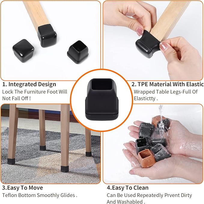 Ezprotekt 24 Pcs Chair Sliders for Carpet, Square Chair Glides for Carpet, Teflon Furniture Pads for Carpet, Chair Leg Protectors Caps for Carpet for Dining Table Chair, Black M (Fit: 0.75"-1")