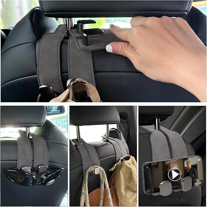 Travel Depot Car Seat Hooks 2 Pack, Leather Headrest Hooks for Car with Double-Hook Design, Durable Headrest Hook Bag Holder Purse Hanger, Organizer for Seat Back in SUV, Truck, Vehicle, Grey