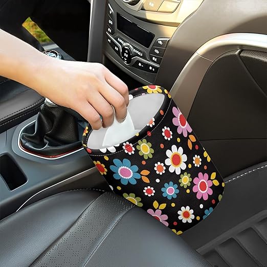 Panskyllis Colorful Hippie Flowers Car Trash Can Collapsible Car Waste Basket Container Waterproof Auto Storage Box Travel Accessories