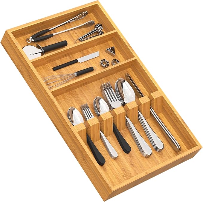 Yofidra Bamboo Silverware Organizer, 16.53 x 10.3 x 1.96 Inches Kitchen Utensil Drawer Organizer, Silverware Tray for Drawer with Fixed Slots for Spoons, Forks & Knives, Natural