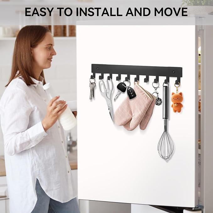 Magnetic Key Holder for Fridge, Heavy Duty Strong Magnetic Key Hanger with 10 Hooks for Refrigerator, Magnetic Key Holder Wall Mount for Metal Surface in Entryway, Garage, Pantry, Washing Machine