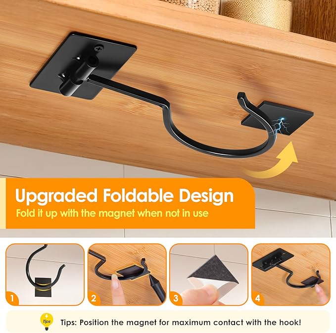 2PCS Self Adhesive Banana Hook Under Cabinet Foldable Banana Hanger Black Metal Under Counter Banana Hook to Keep Bananas Fresh Banana Holder for Kitchen RV Space Saving