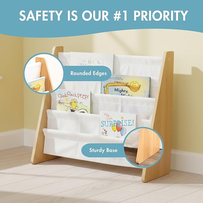 Humble Crew 4-Tier Kids Bookshelf, Natural Wood/White - Premium Book Shelf for Kids Rooms with Four Deep Pockets - Toddler Sling Book Rack with Deep Sleeves, Nursery Bookcase Organizer