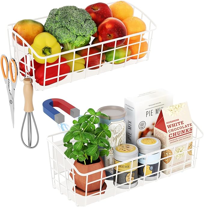 2PCS Magnetic Spice Rack for Refrigerator, Versatile Magnetic Shelf Organizer with 2 Hooks for Kitchen Storage, Large Capacity Spice Rack for Fridge, Oven - White