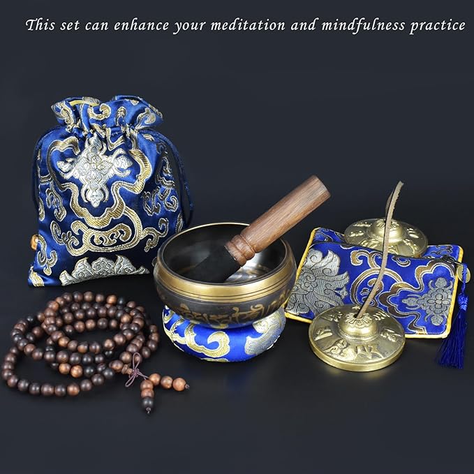 Artcome 7PCS Tibetan Meditation Set - Tibetan Singing Bowl & Tibetan Tingsha Cymbals Bells Handmade in Nepal for Meditation, Yoga, Tranquility, Relaxation, Chakra Healing, Stress Relief & Mindfulness