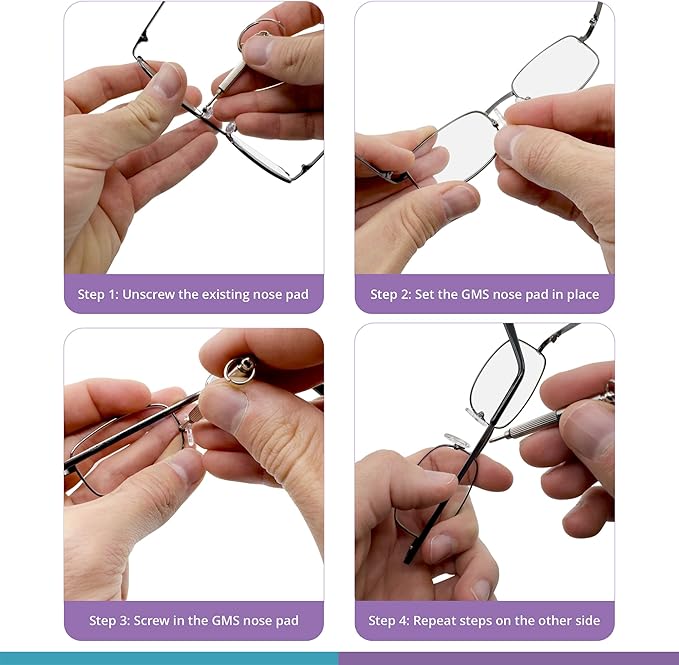 GMS Optical Medium Screw-in D-Shaped Nose Pads for Glasses - Non Slip Silicone Nose Grips for Glasses, Sunglasses and Eyewear Eyeglass Accessories w/Screws & Screw Driver - 5 Pairs, Clear