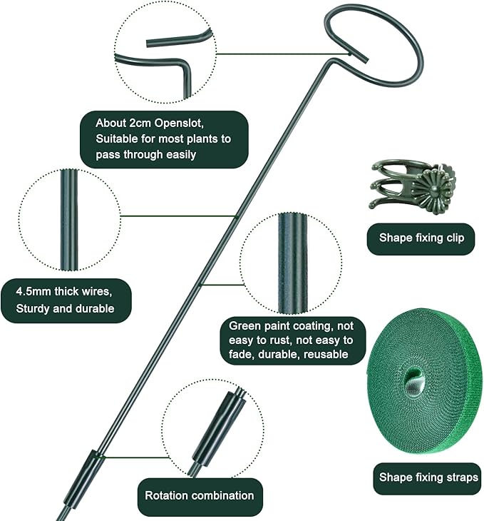 2 Set Metal Plant Sticks Support Tall 48 Inch Adjustable Plants Stem Support Rod Amaryllis Holder Stake Garden Flower Rings with 20PCS Clips 16.5' Plant Ties for Outdoor Indoor Plants