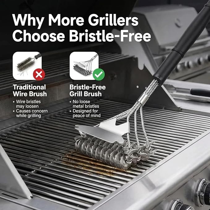 Bristle-Free Grill Brush with Scraper - Reinforced Coil Grill Cleaning Brush, Long Handle Safe BBQ Cleaner for Gas and Charcoal Grates