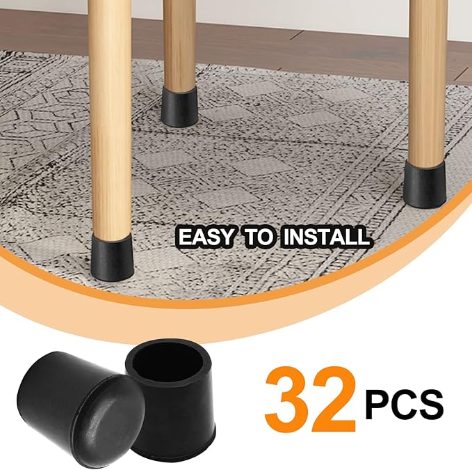 Piutouyar Round PVC Rubber Furniture Covers, 19mm / 3/4 Inches Table Chair Leg Tip Protectors, Non-Slip End Cap for Protect Surfaces, Black (32Pcs)