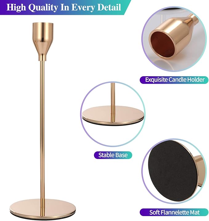 Set of 6 Pink Gold Candlestick Holders Pink Gold Candle Holder Taper Candle Holders Candle Holders Decorative Candlestick Holder for Home Decor, Wedding, Dinning, Party, Anniversary (Gold)