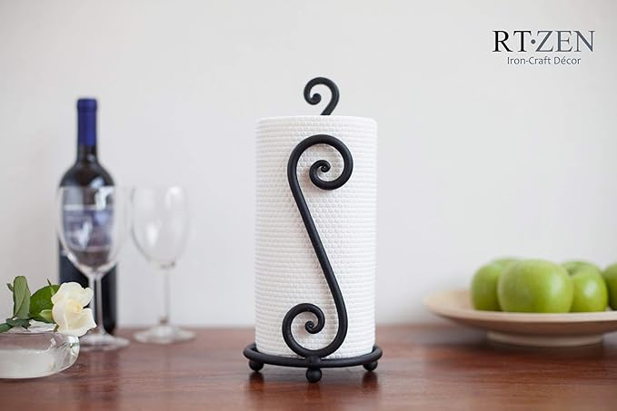 RTZEN Matte Black Paper Towel Holder Countertop - Decorative Farmhouse Paper Towel Roll Holder - Rustic Metal Modern Stand for Kitchen or Bathroom (Swirl)