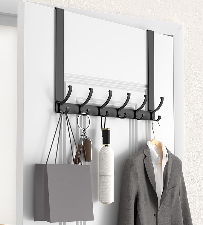 KitchLife Long Over The Door Hooks Hanger with 15.75 inches Extended Arms, Fits 1 3/4" Doors, F40U, 6 Double-Hanger Design Thickened Heavy Duty Bathroom Towel Rack Organization, Matte Black, 1 Pack