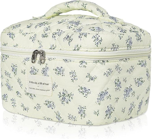 Gosect Large Travel Quilted Makeup Bag for Women,Big Floral Cotton Cosmetic Bag, Cute Coquette Aesthetic Floral Toiletry Organizer Bag (Blue Flower)