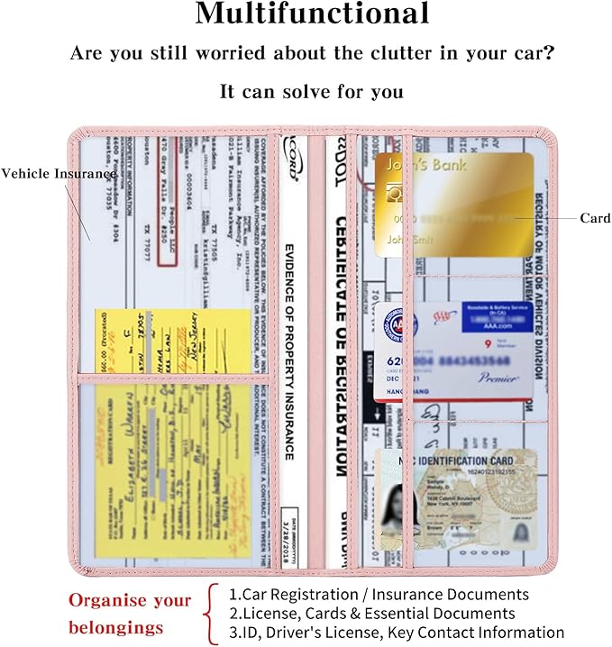 TILDOSAC Leather Car Registration and Insurance Card Holder, Car Document Holder for Cards License with Magnetic Shut (Pink, large)