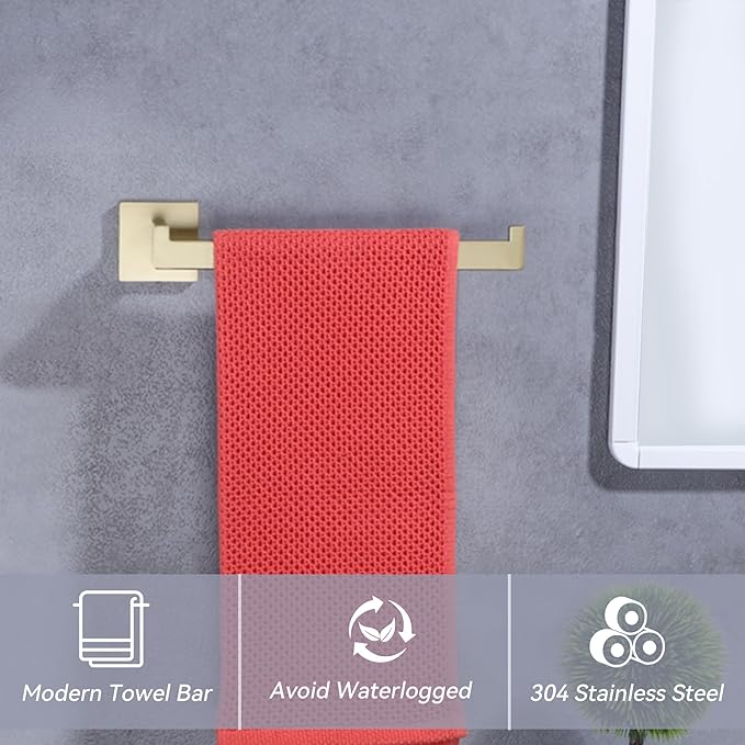 LANC Bathroom Hand Towel Holder Brushed Gold Hand Towel Bar 10 Inch Right Side Square Towel Ring for Kitchen Restroom Wall Mounted Stainless Steel Modern Towel Racks Hanger, A8806BG