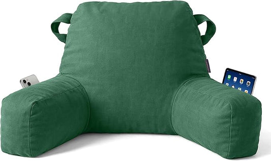 Portable Comfy Reading Pillows for Bed Sitting Up(Green Oeko-Tex), Velvet Back Pillow with Arms & Pockets for Adults, Support Memory Foam Bed Pillow for Dorm/Reading/Watching/Gaming