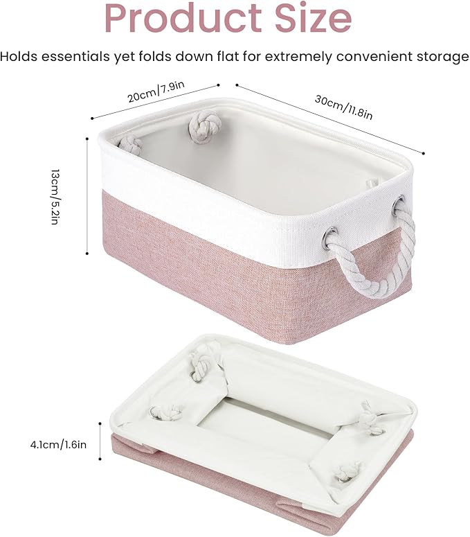 VQRTEXA Storage Baskets for Shelves 11.8x7.9x5.2 Inch, Foldable Fabric Storage Bins with Handles, Small Storage Baskets for Organizing Closet, Bathroom, Office, Home Organization (3-Pack, White&Pink)