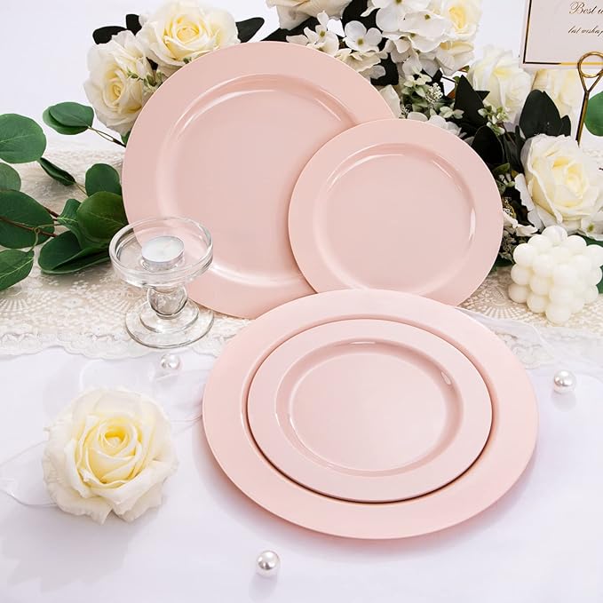 FLOWERCAT 60PCS Pink Plastic Plates - Heavy Duty Pink Disposable Plates for Easter Party & Valentine's Day/Wedding - Serving 30 Guests, Includes 30PCS 10.25inch & 30PCS 7.5inch