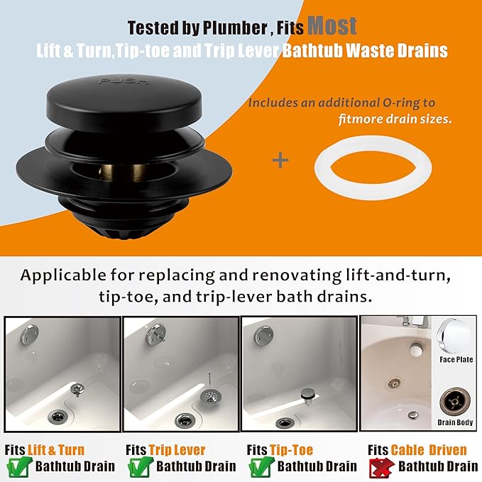 Artiwell Tub Drain, 2 in 1 Pop-up Bathtub Plug with Hair Catcher, Easy Installation Bath Drain Stopper with Strainer, MATT Black