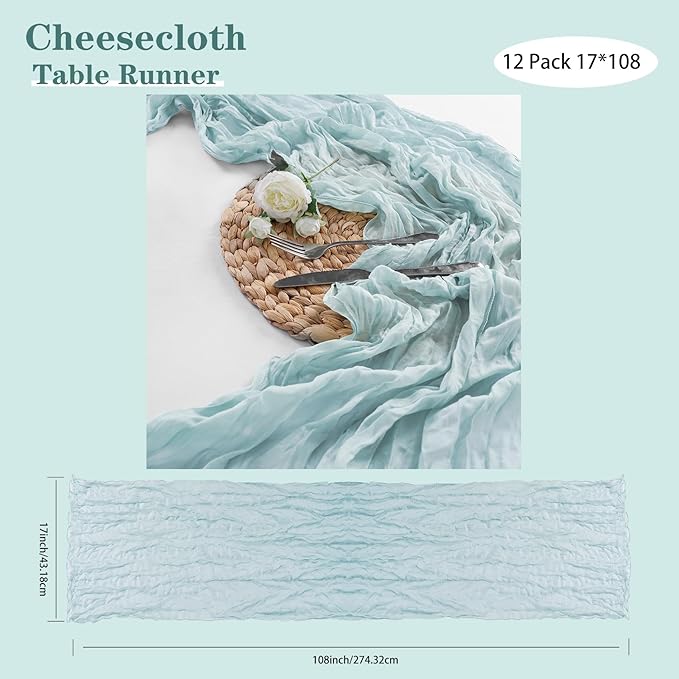 Bailarina 25 Pack Cheesecloth Table Runner 17x108 Inch Long Gauze Cheese Cloth 9ft Wrinkled Sheer Table Runner for Wedding Reception Birthday Party Table Decoration (Light Blue)
