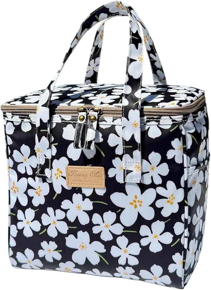 Kwang Min Floral Insulated Lunch Bag for Women,Reusable Lunch Box,Large Cooler for Office,Picnic Outdoors,Premium Quality Waterproof Fabric,Ideal Gift for Outdoors and work (Black Rose)