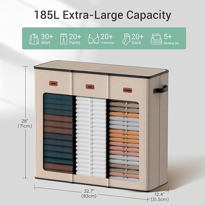 185L Laundry Hamper 3 Section with Lid, Khaki Large Laundry Basketr with 3 Removable Laundry Bags, Dirty Clothes Hamper for Bedroom, Laundry Room, Dorm