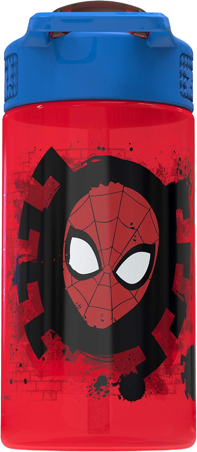 Zak Designs Marvel SpiderMan Kids Spout Cover and Built-in Carrying Loop Made of Plastic, Leak-Proof Water Bottle Design (16 oz, BPA-Free)